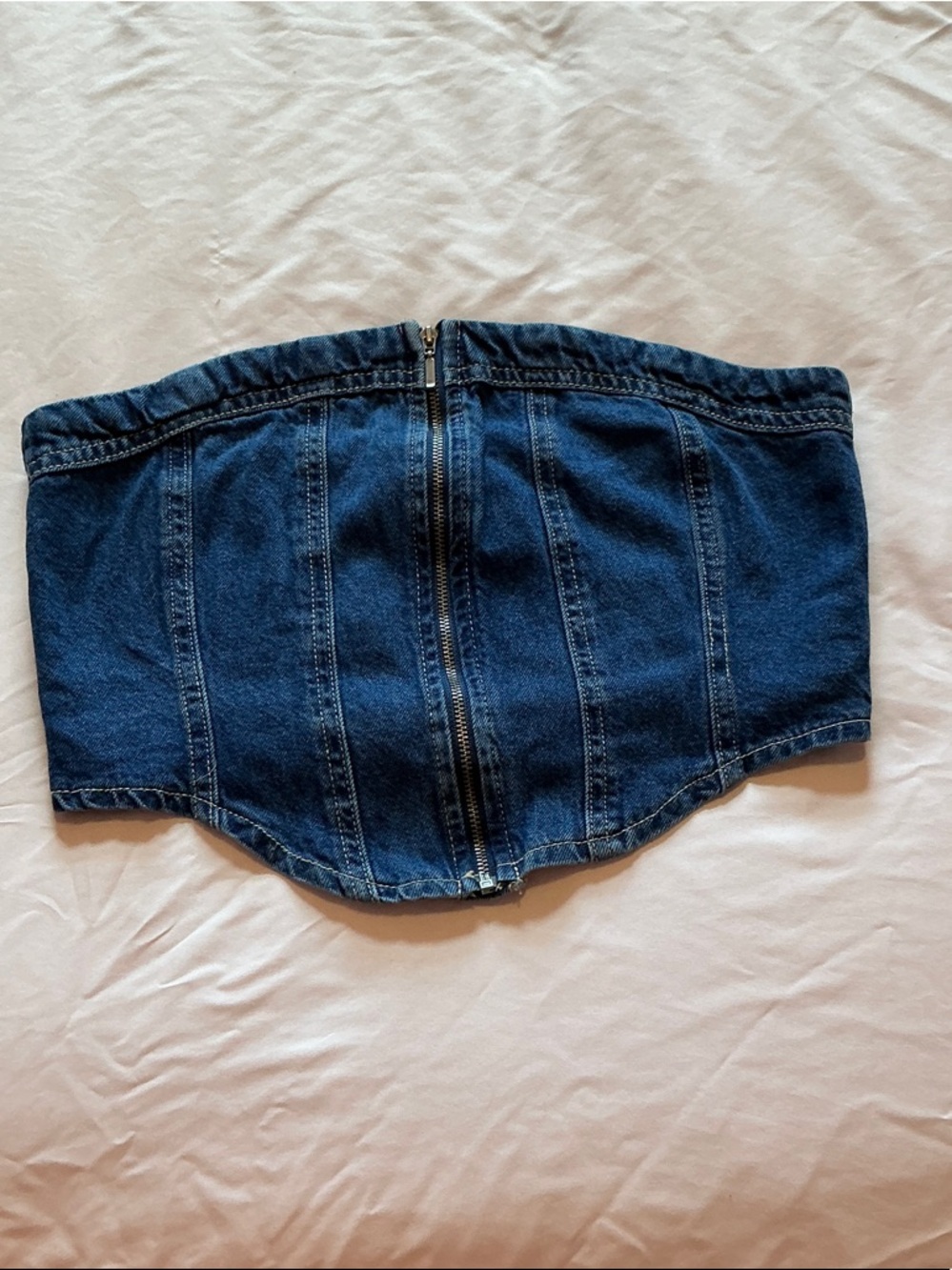 Denim Zip-Front Strapless Crop Top in Dark Blue